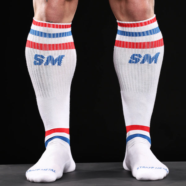 Strapp Metal Strapp Football Socks - White/Blue/Red