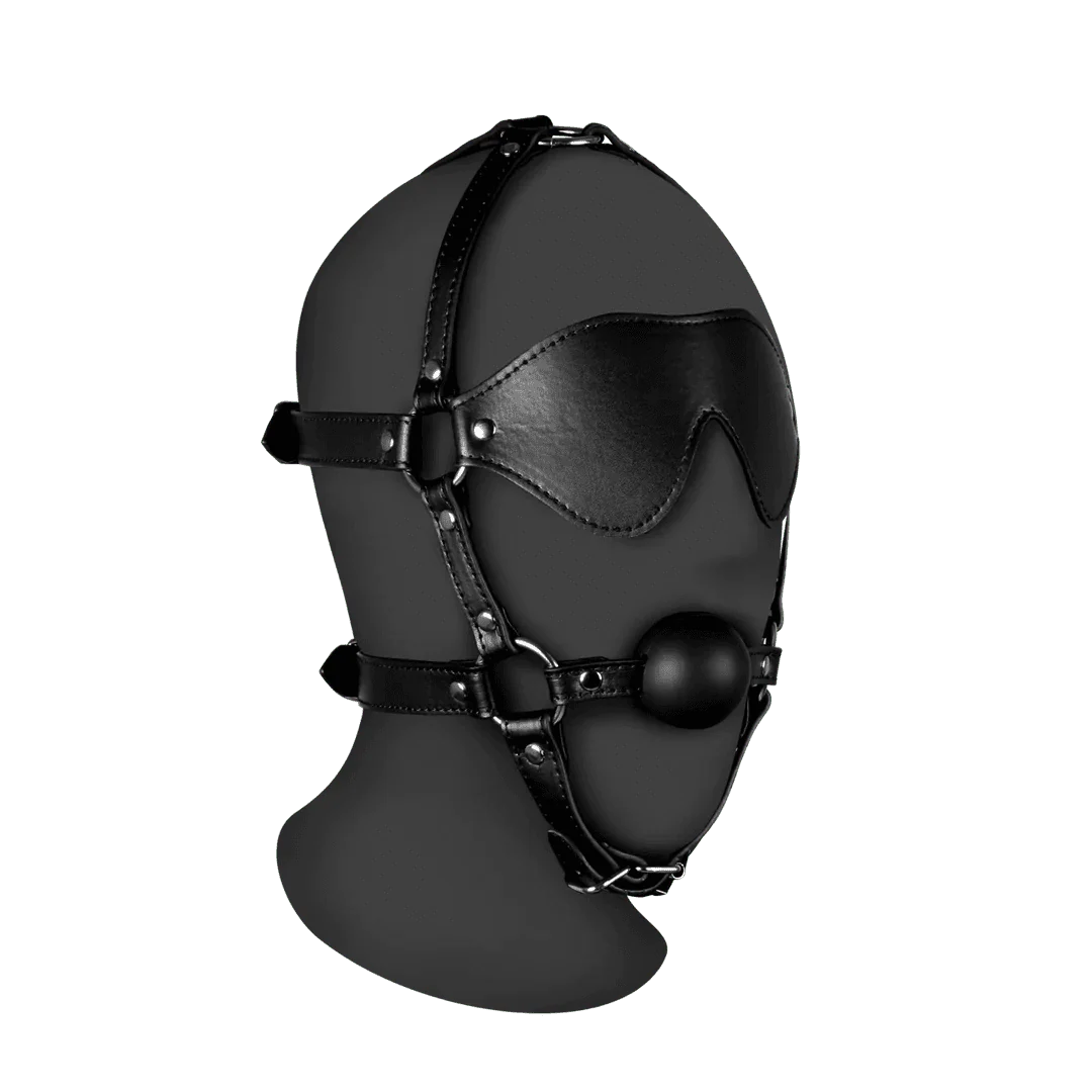 OUCH Blindfolded Head Harness with Solid Ball Gag - Black