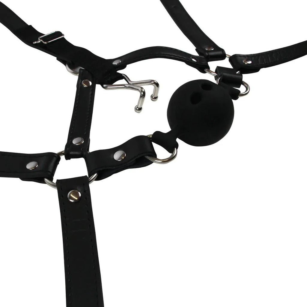 OUCH Head Harness with Breathable Ball Gag and Nose Hooks - Black