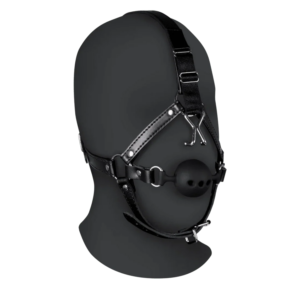 OUCH Head Harness with Breathable Ball Gag and Nose Hooks - Black