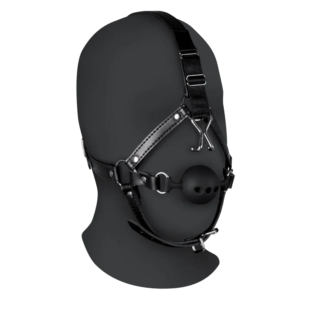 OUCH Head Harness with Breathable Ball Gag and Nose Hooks - Black