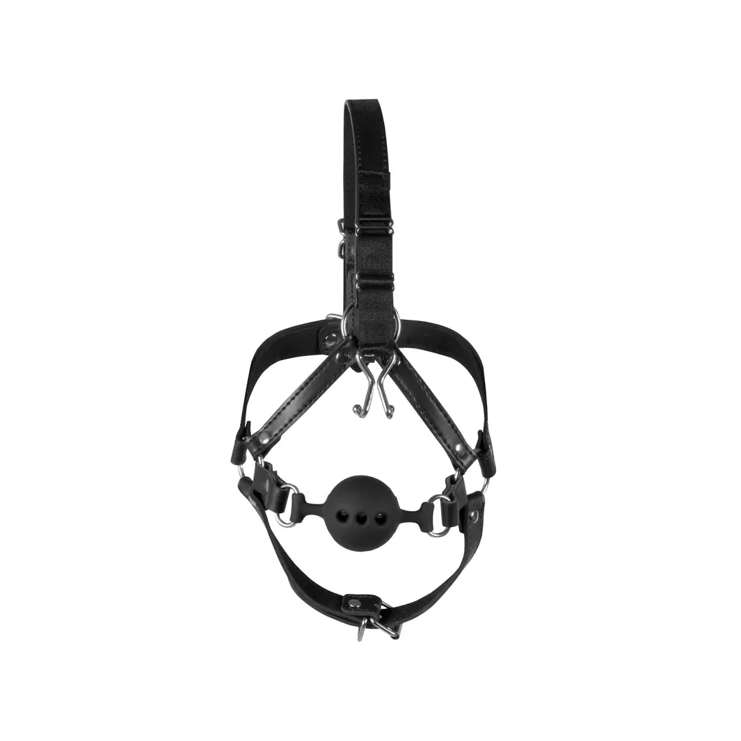 OUCH Head Harness with Breathable Ball Gag and Nose Hooks - Black