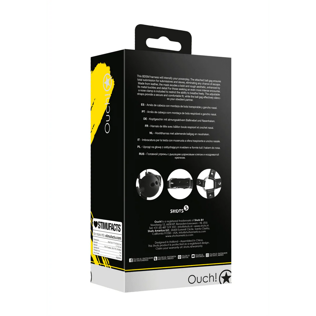 OUCH Head Harness with Breathable Ball Gag and Nose Hooks - Black