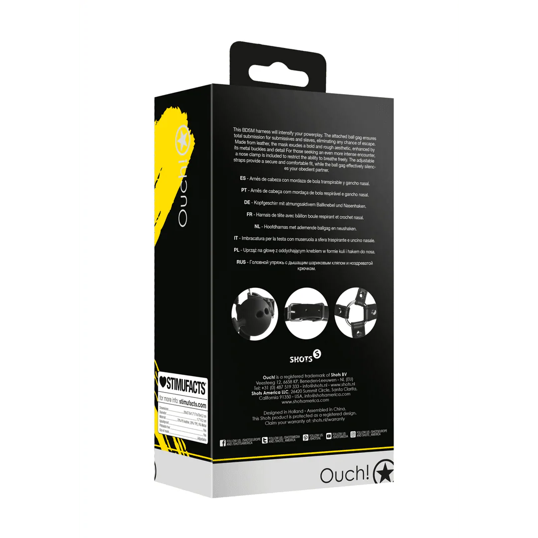 OUCH Head Harness with Breathable Ball Gag and Nose Hooks - Black