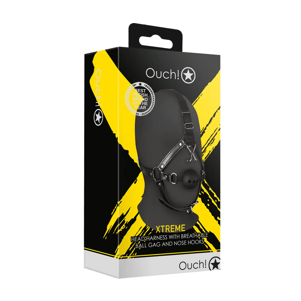 OUCH Head Harness with Breathable Ball Gag and Nose Hooks - Black