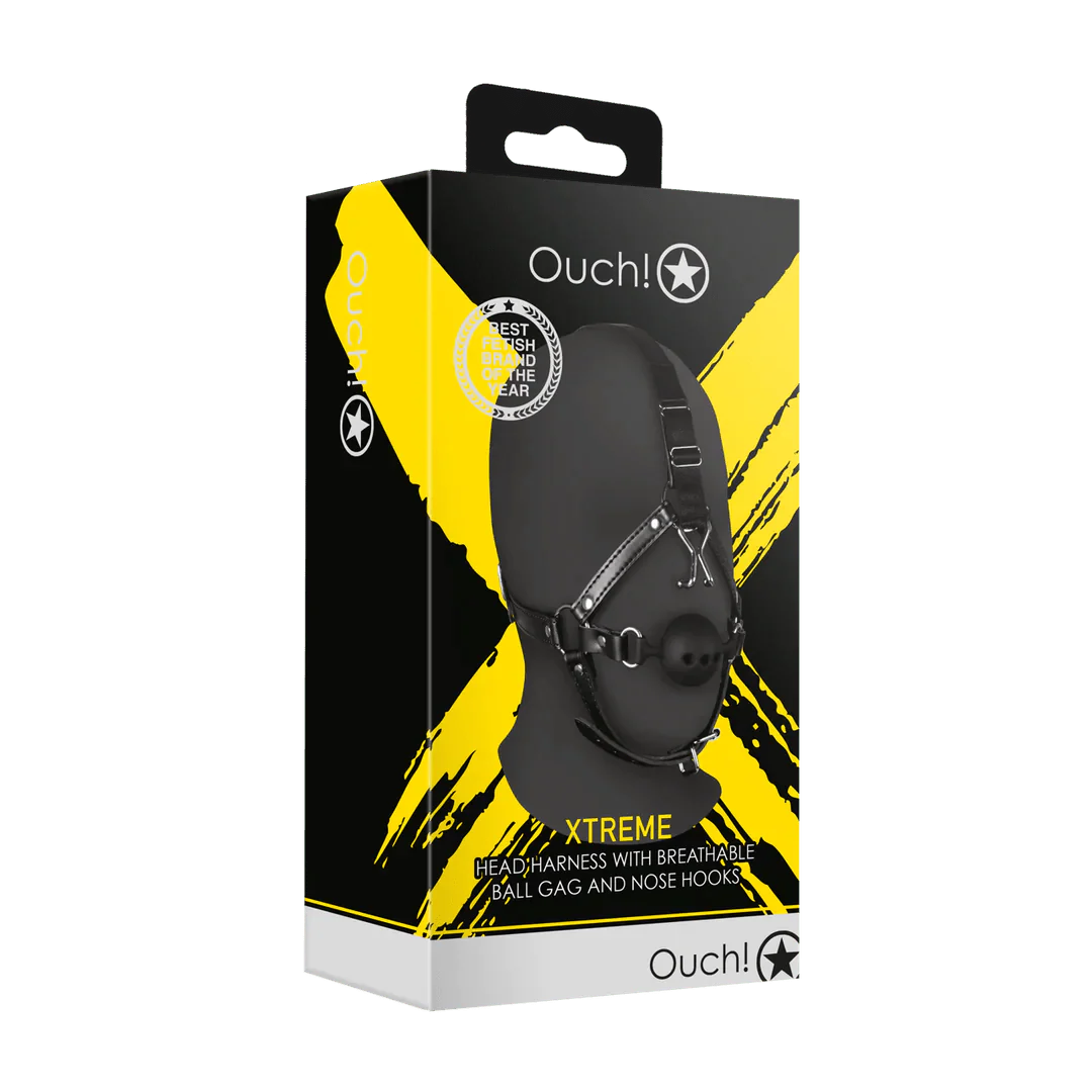 OUCH Head Harness with Breathable Ball Gag and Nose Hooks - Black