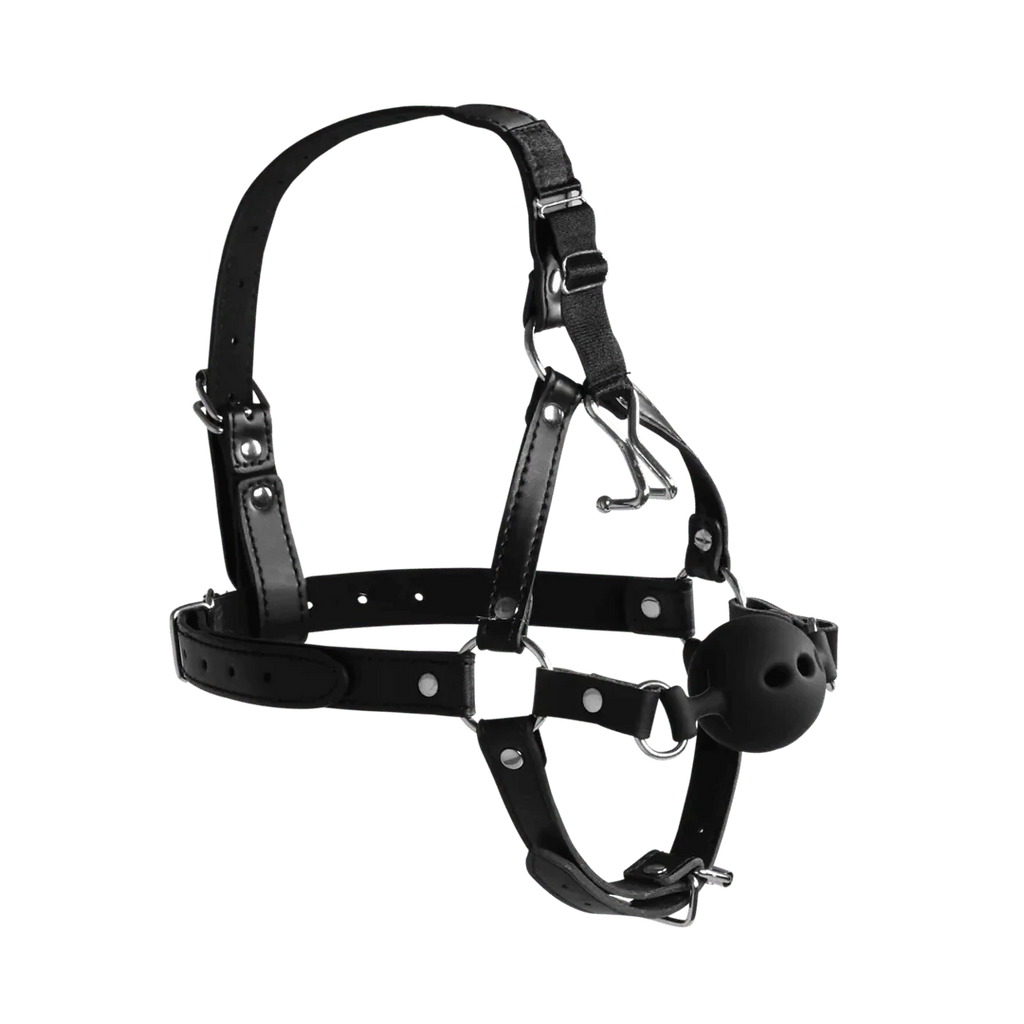 OUCH Head Harness with Breathable Ball Gag and Nose Hooks - Black