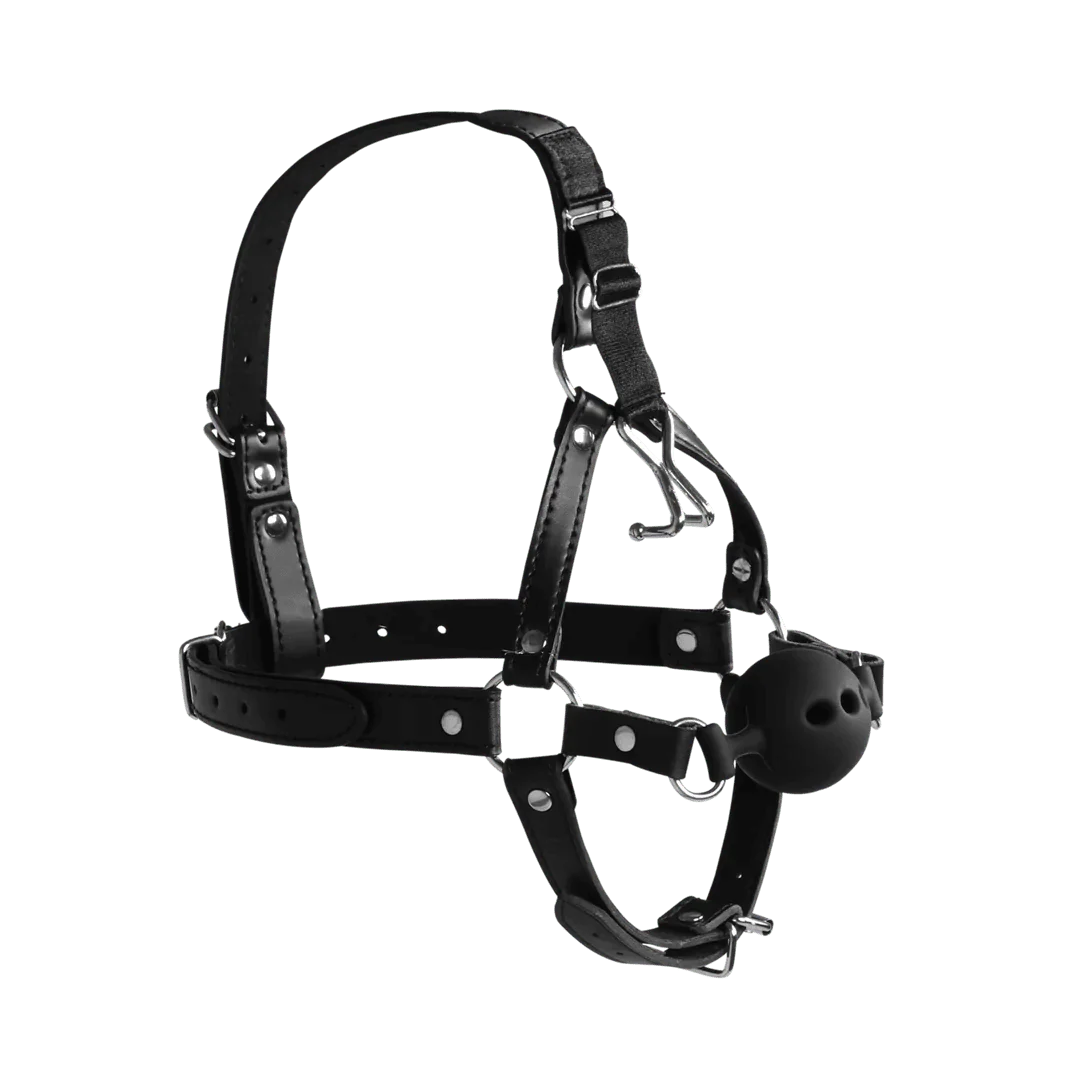 OUCH Head Harness with Breathable Ball Gag and Nose Hooks - Black