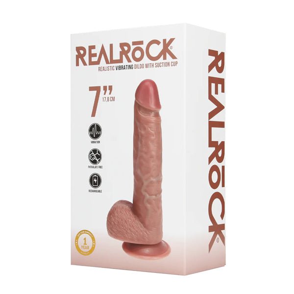 RealRock Vibrating Regular Straight Cock with Balls - 7" - Tan