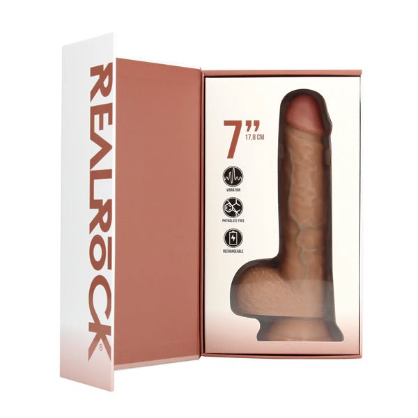 RealRock Vibrating Regular Straight Cock with Balls - 7" - Tan