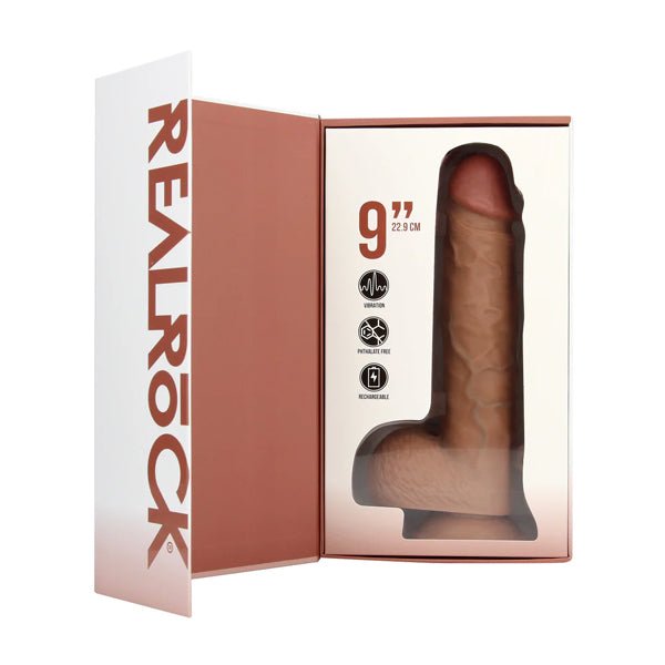 RealRock Vibrating Regular Straight Cock with Balls - 9" - Tan