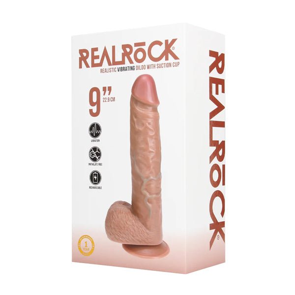 RealRock Vibrating Regular Straight Cock with Balls - 9" - Tan