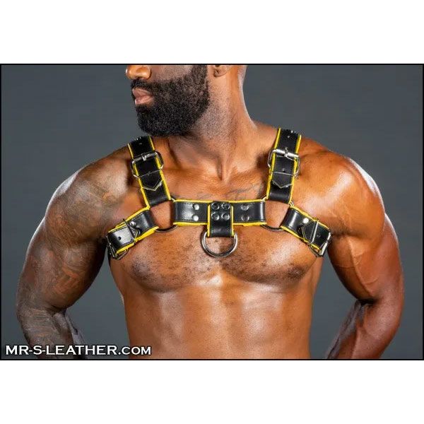 Mr. S Leather Piped Bulldog Harness Black/Yellow
