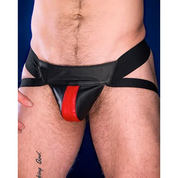 Mr.S Leather Center Stripe Leather Jockstrap | Black/Red