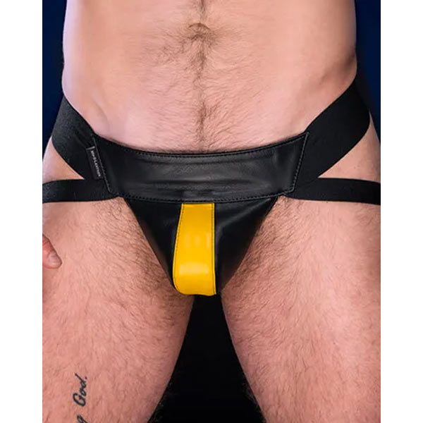 Mr.S Leather Center Stripe Leather Jockstrap | Black/Yellow