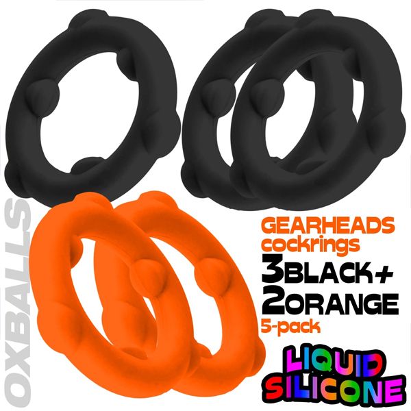 Oxballs GEARHEADS Silicone Cockrings 5 Pack | Black/Orange