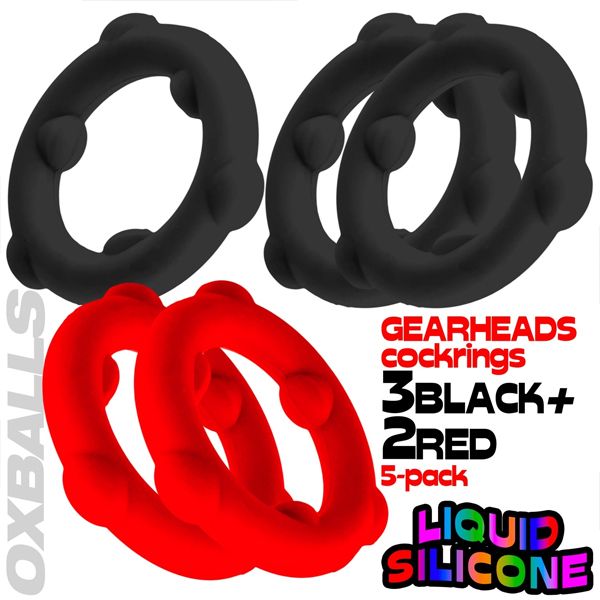 Oxballs GEARHEADS Silicone Cockrings 5 Pack | Black/Red