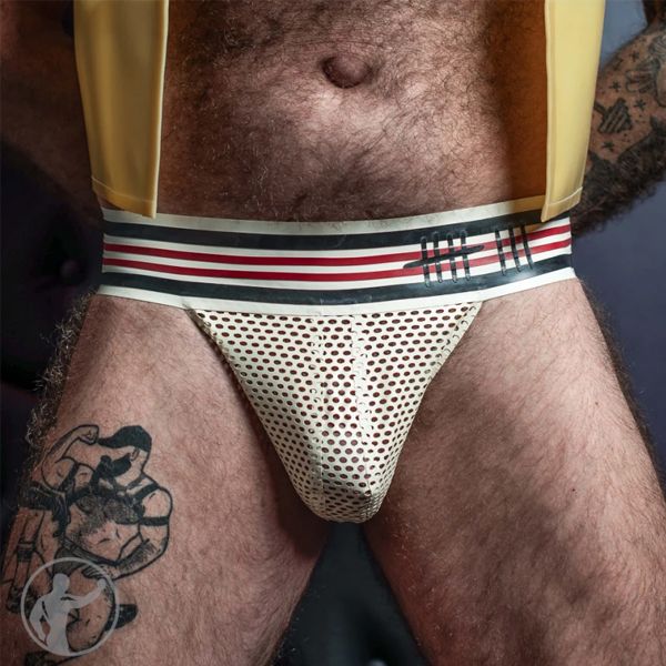 Invincible Rubber Rubber Cum Dump Jockstrap | White/Black/Red