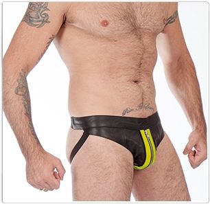 Titus Leather Zipper Jockstrap with Double Stripes | Yellow