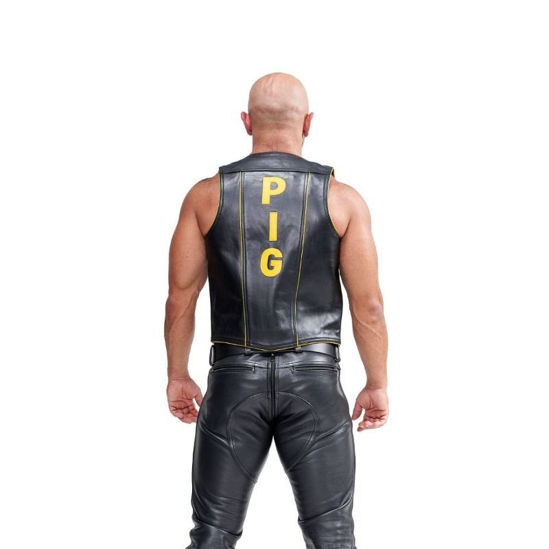 Mister B PIG Leather Muscle Vest | Black & Yellow