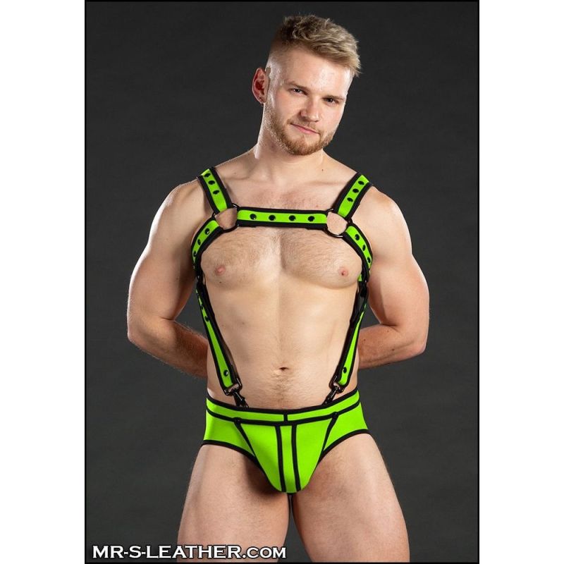 Mr S Leather NEOPRENE NEO BOLD Crossbow Body Harness | Lime Green