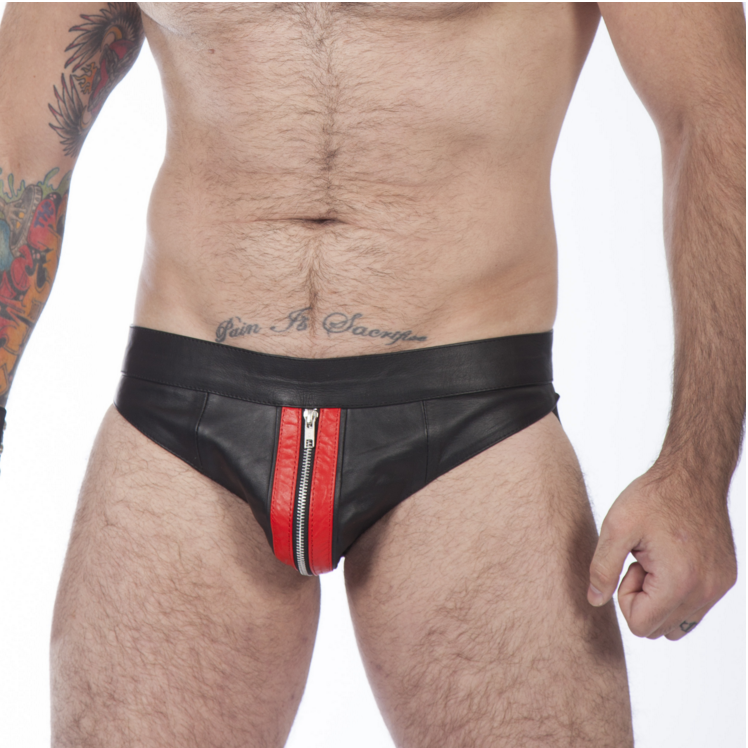 Titus Leather Zipper Jockstrap with Double Stripes | Red