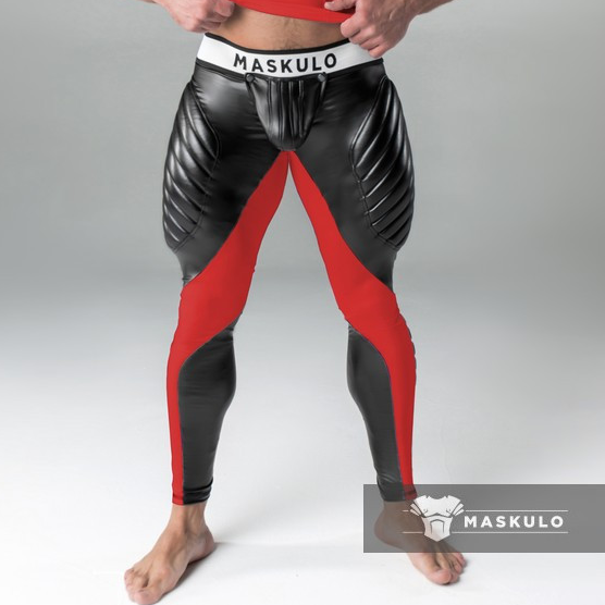 MASKULO Leggings with Cod Piece and Rear Zip Red Black Men s Fetish wear with Fast Worldwide Shipping at CLONEZONE