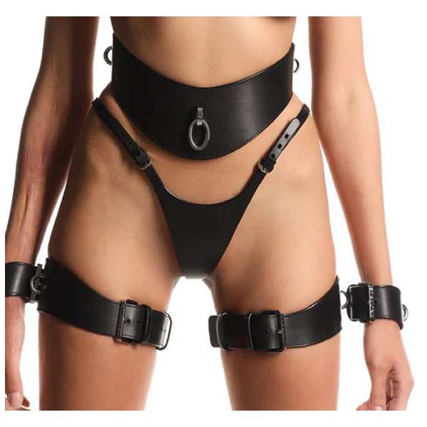 7-Piece Leather Harness Set with Thigh Cuffs, Wrist Cuffs and Thong