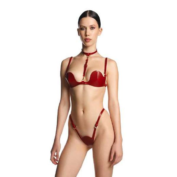 Siren Leather Choker Bra & Thong Set | Deep Red
