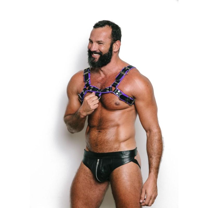 Titus H-Front Leather Chest Harness with COLOURED Piping | Purple