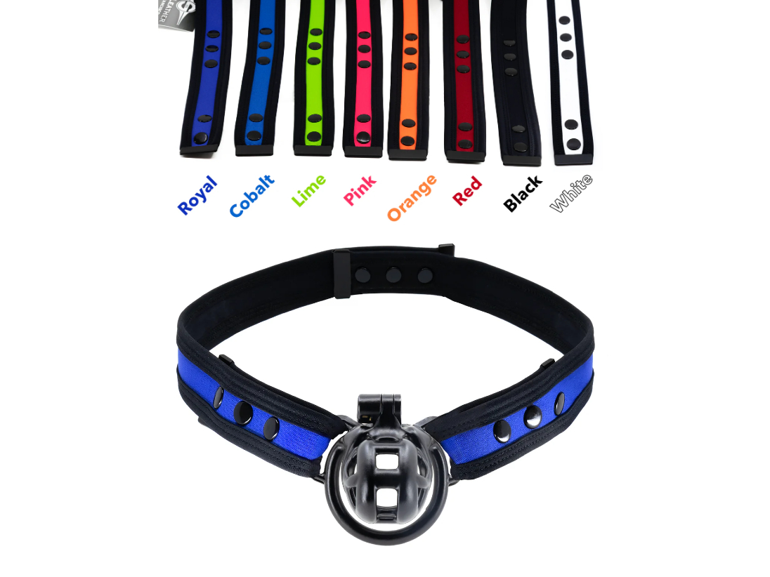 Button fixed neoprene chastity harness support straps by Mr S Leather for KINK3D at Clonezone. Various colours are available